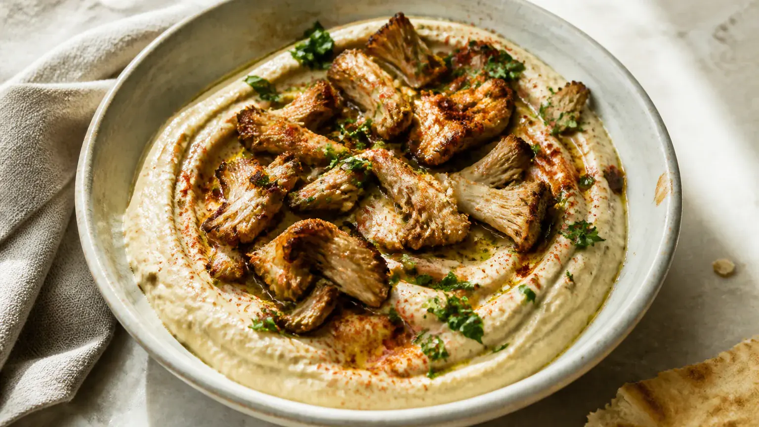 Lion’s Mane Hummus plated for serving