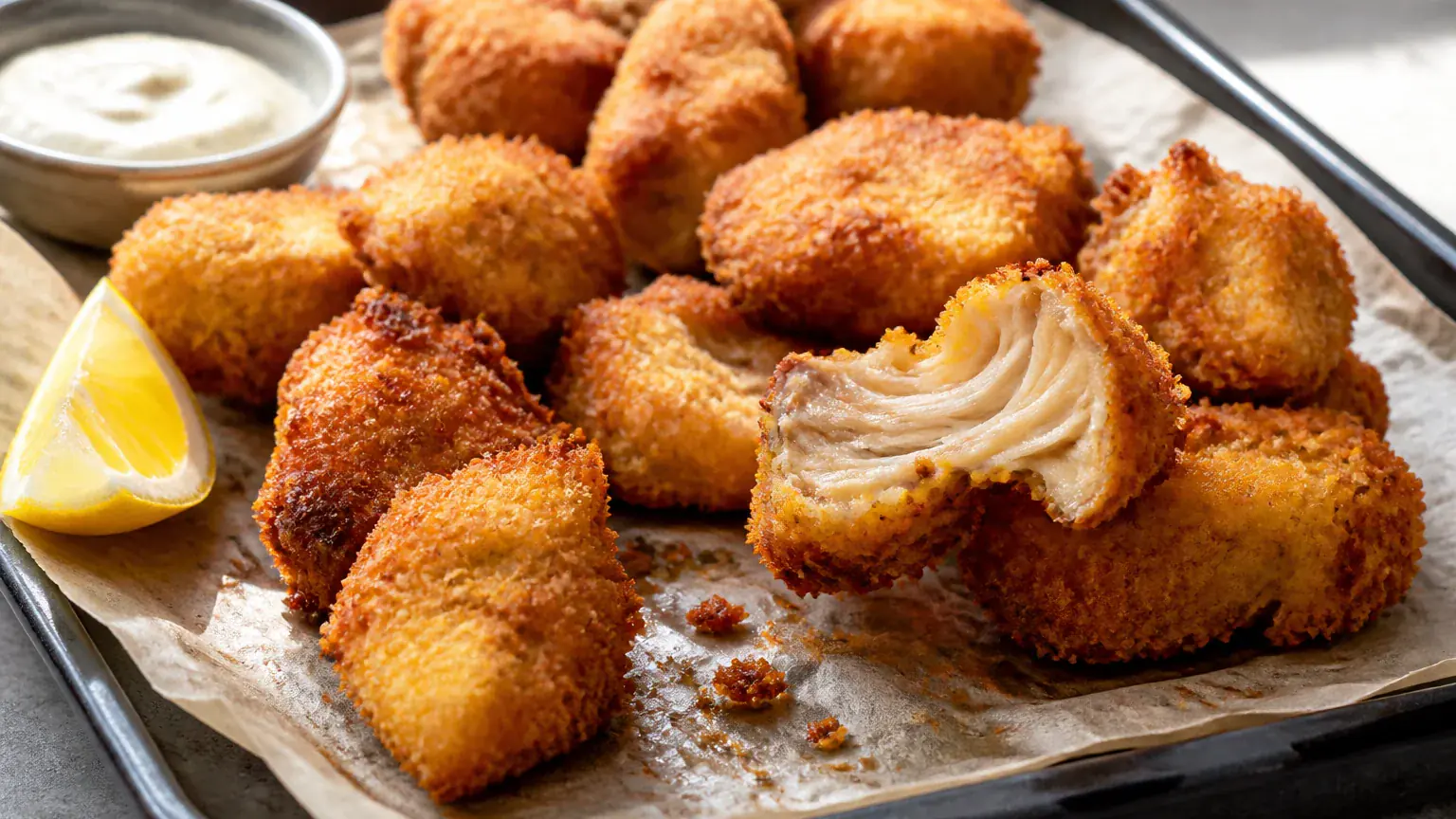 Crispy Lion’s Mane Mushroom Nuggets plated for serving