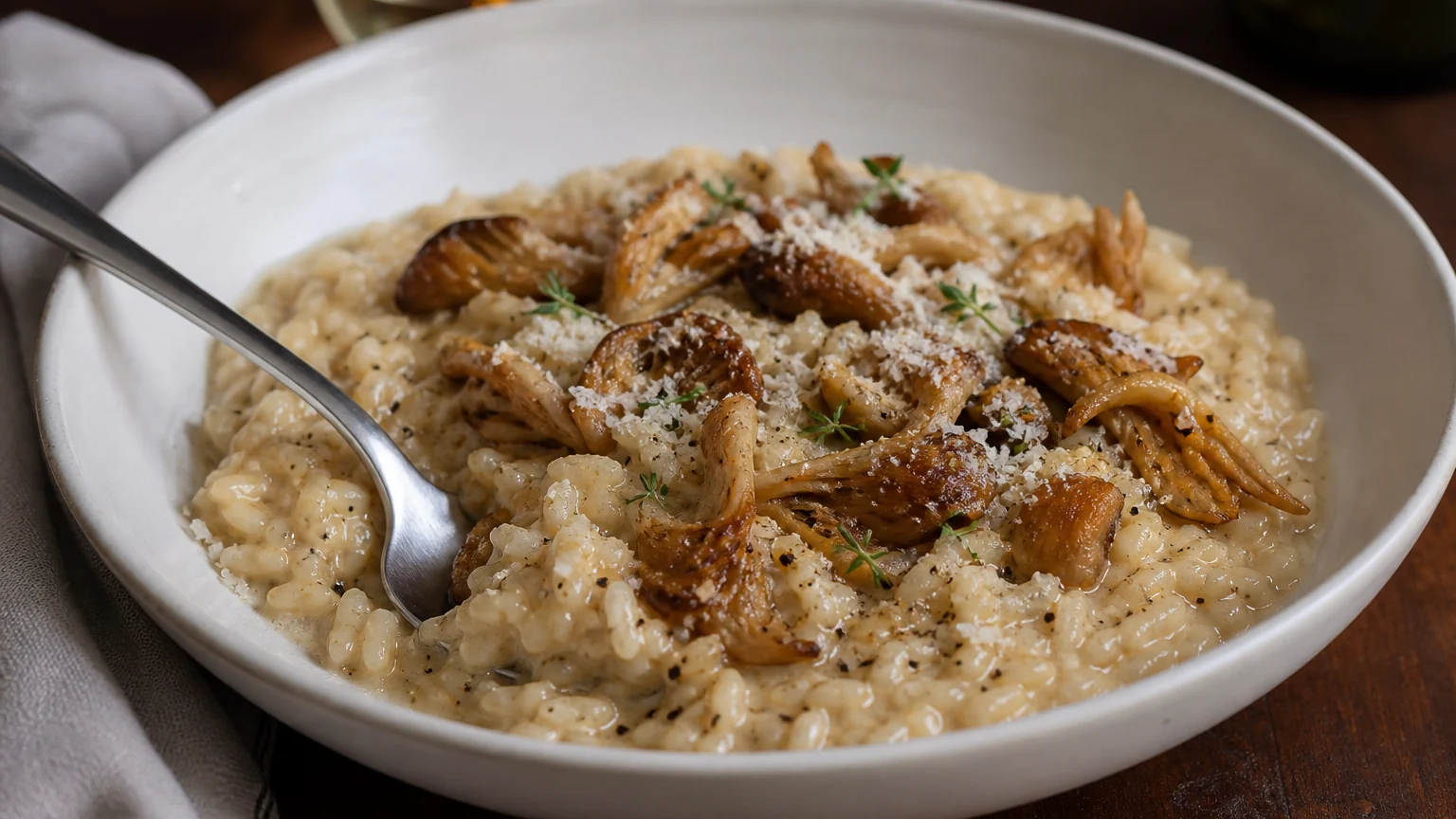 Creamy Lion’s Mane Risotto plated for serving