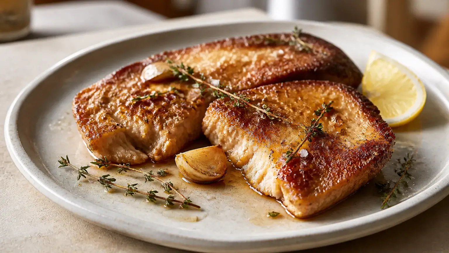 Golden seared Lion’s Mane mushroom steaks with herbs and lemon