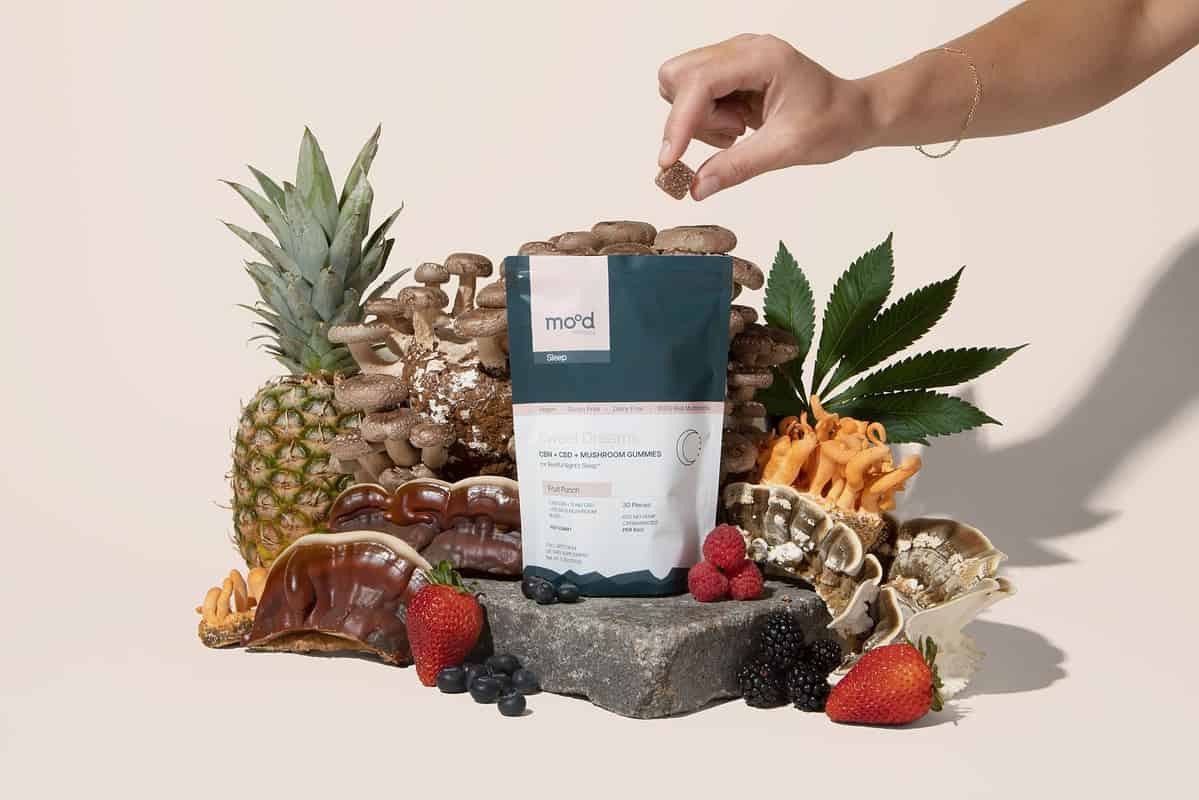 CBN and 6 mushroom blend gummies by Mood Wellness. Sweet dreams product display with cordyceps, turkey tail and reishi mushroom next to cannabis leaf and fruits. 30 CBD mushrooms gummies.