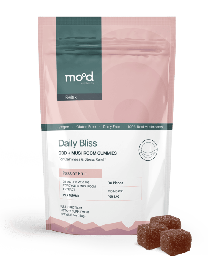 Daily Bliss, CBD + Cordyceps mushroom gummies by Mood Wellness. 30 gummies Pouch next to 3 natural sugar gummies.
