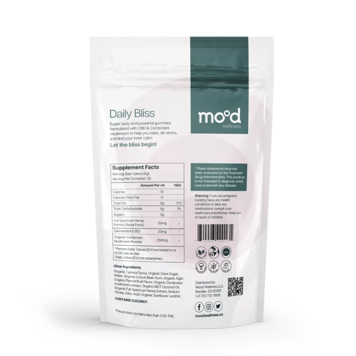 Daily Bliss CBD + Cordyceps gummies supplements facts, ingredients lists and warning by mood wellness