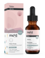 Relax Drops CBD oil 1000mg by Mood Wellness. Full bottle next to beautiful packaging.