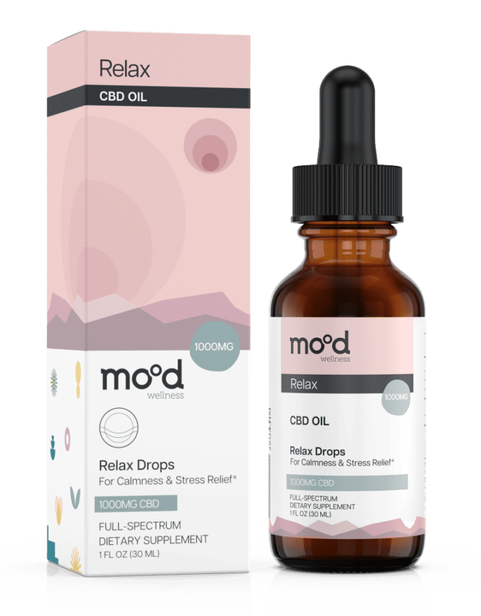 Relax Drops CBD oil 1000mg by Mood Wellness. Full bottle next to beautiful packaging.
