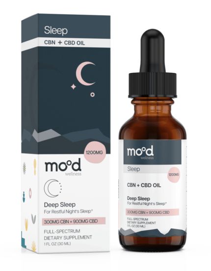 CBD + CBN oil, Deep Sleep by Mood Wellness. 1200mg bottle of 900mg CBD + 300mg CBN for restful night's sleep.