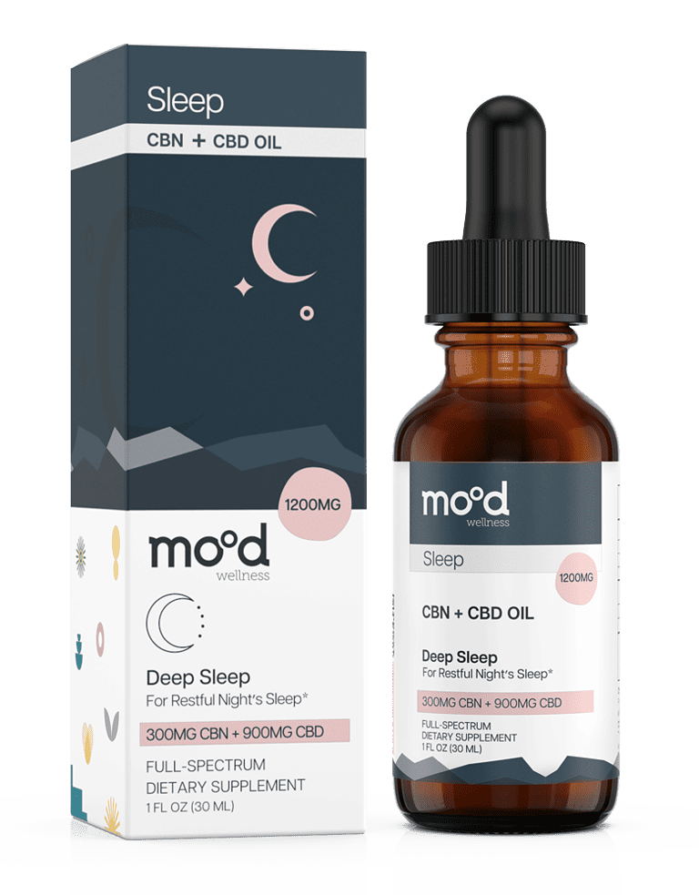CBD + CBN oil, Deep Sleep by Mood Wellness. 1200mg bottle of 900mg CBD + 300mg CBN for restful night's sleep.