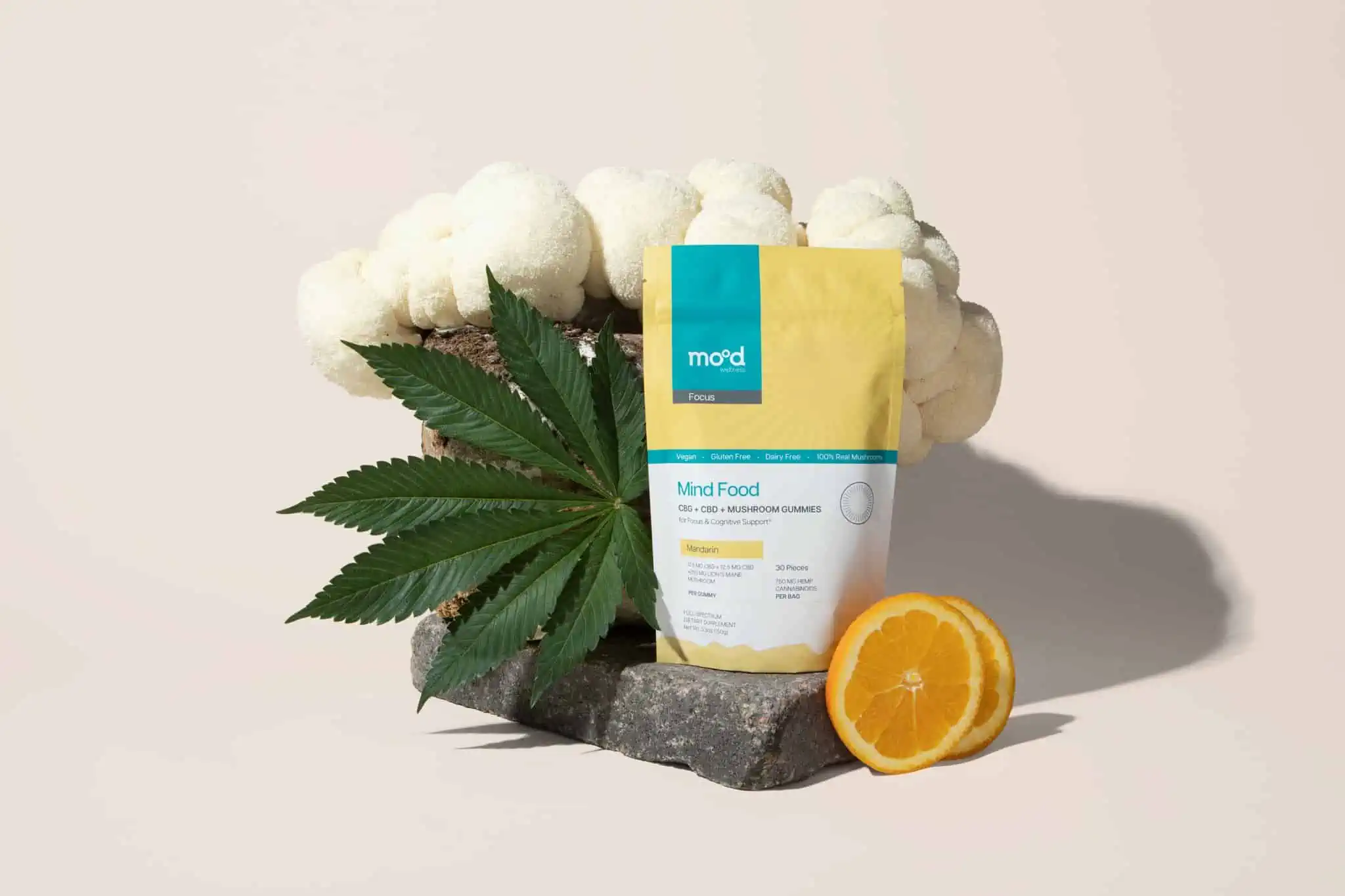 Mind Food, CBG + Lion's mane gummies for focus by Mood Wellness. Lion's mane mushroom next to mandarin and hemp leafs.
