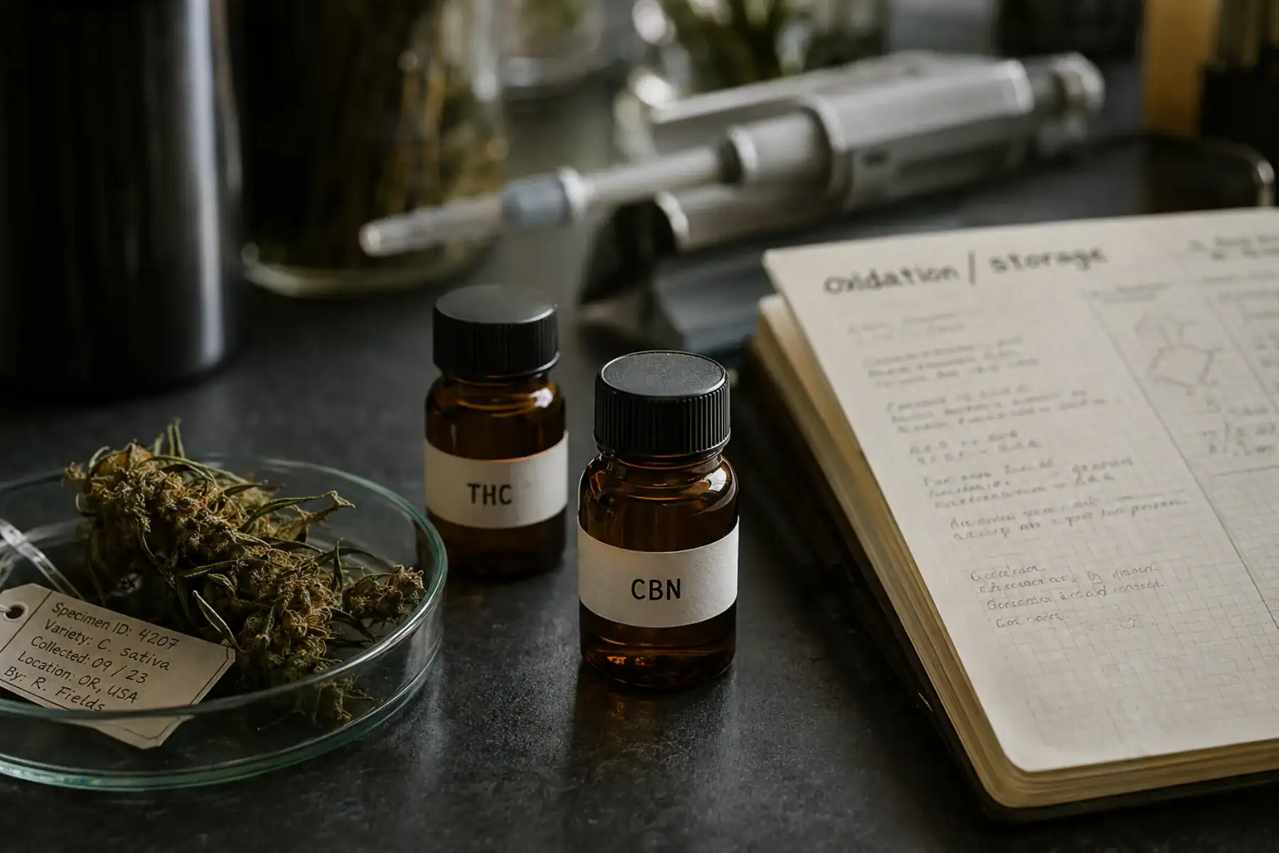 CBN and THC laboratory samples beside a hemp specimen and oxidation notes