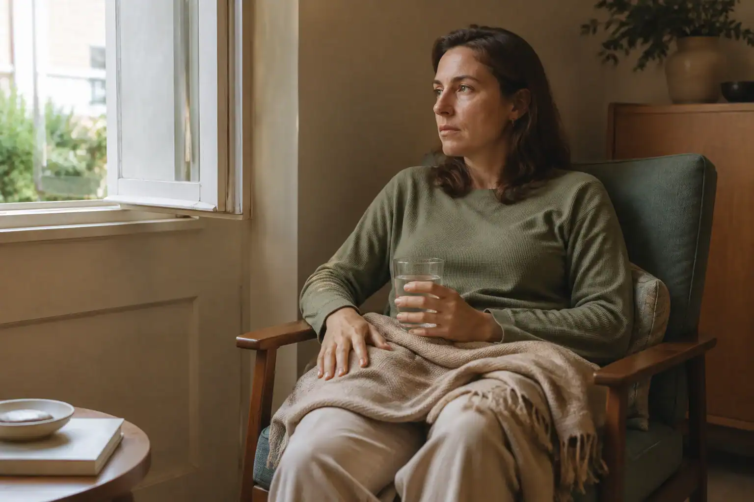Adult sitting safely by a window with feet grounded and a glass of water