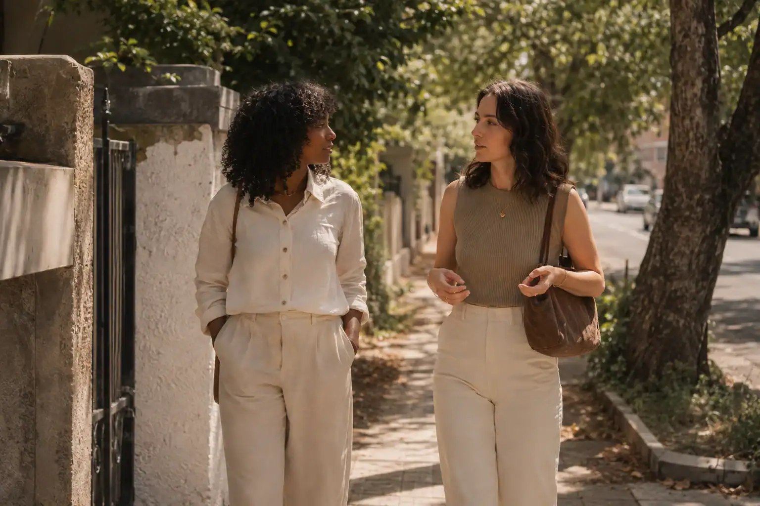 Friends walking outdoors as part of a practical everyday stress routine