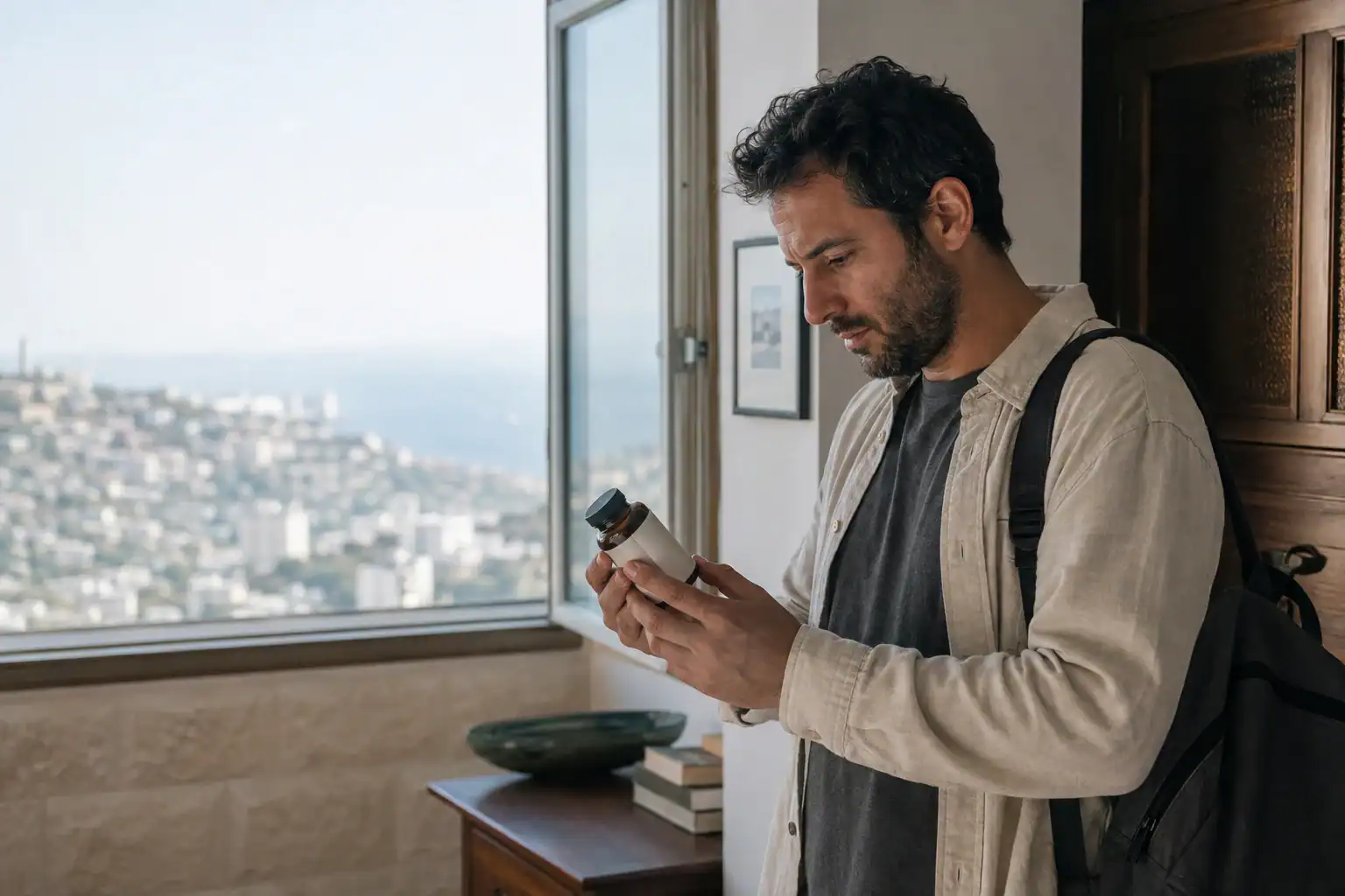 גבר ישראלי קורא תווית של מוצר קנבינואידים לפני היציאה מהבית בחיפה