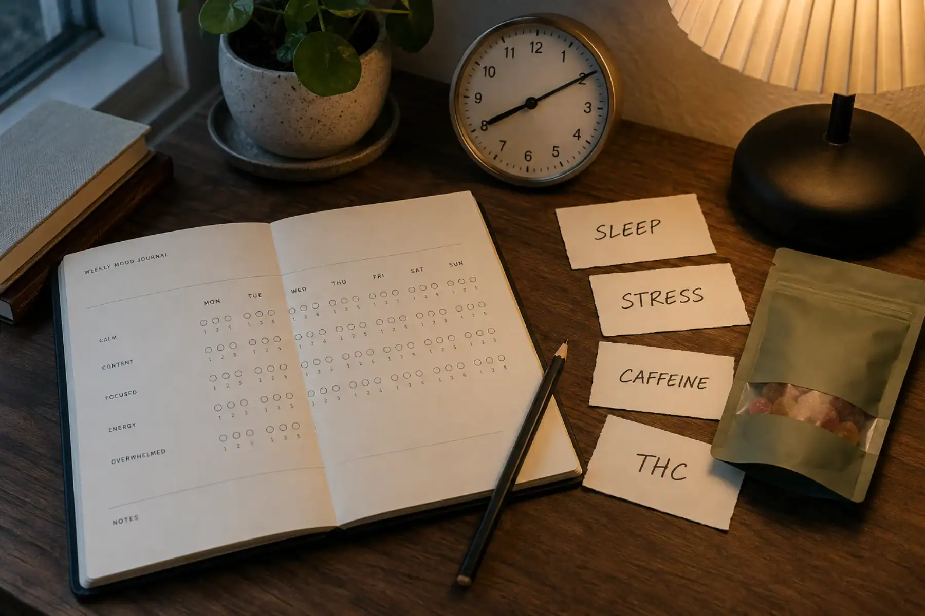 Blank weekly mood journal with sleep stress caffeine and THC context cards