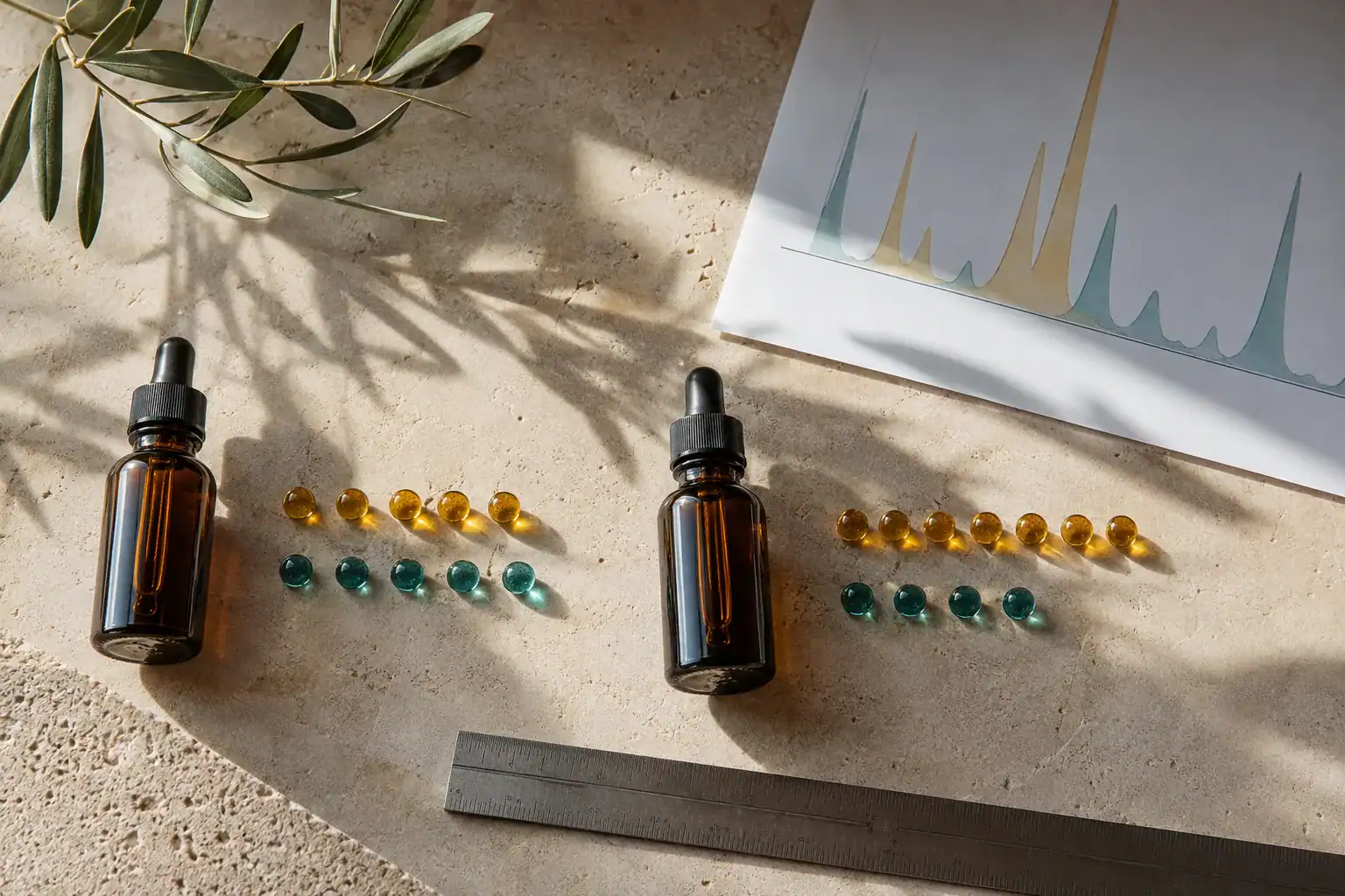 שני בקבוקי שמן המדגימים יחסים שונים בין CBG ל־CBD