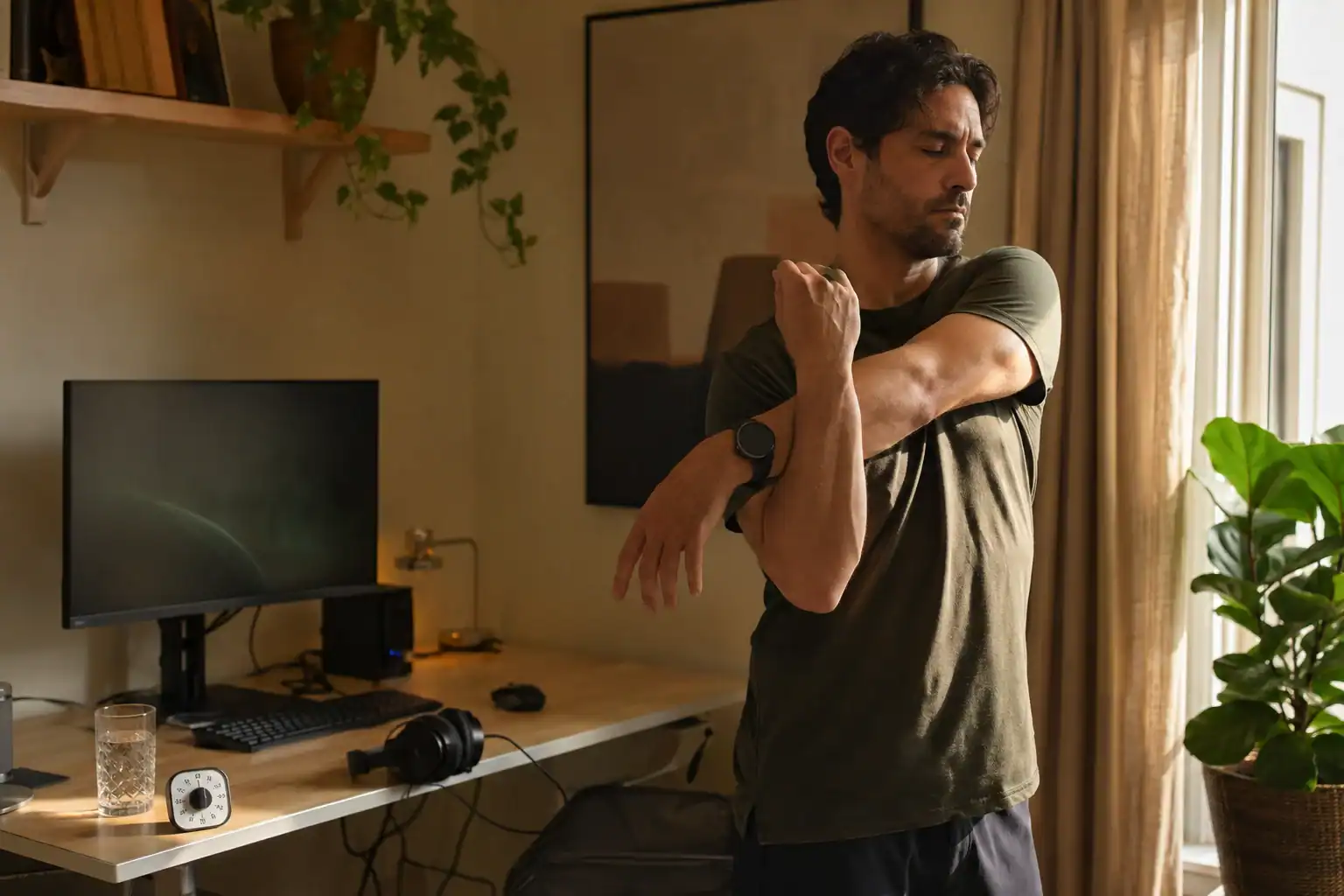 Gamer stretching shoulders and forearms during a screen break