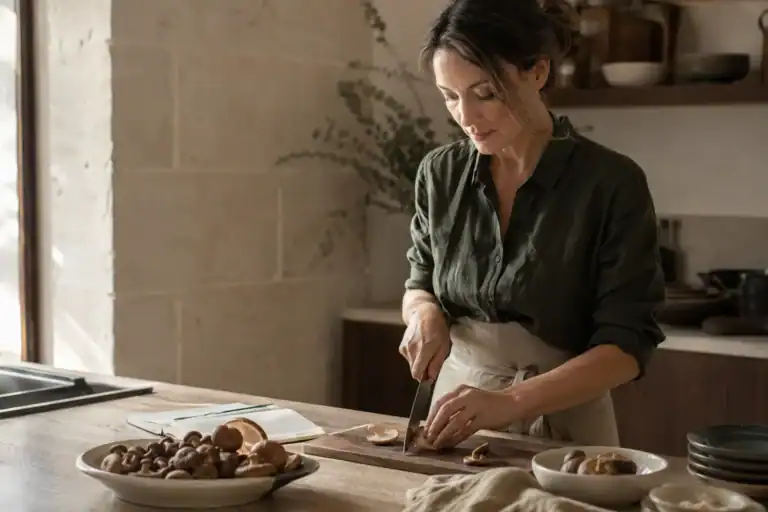 Woman preparing fresh shiitake mushrooms in a sunlit kitchen