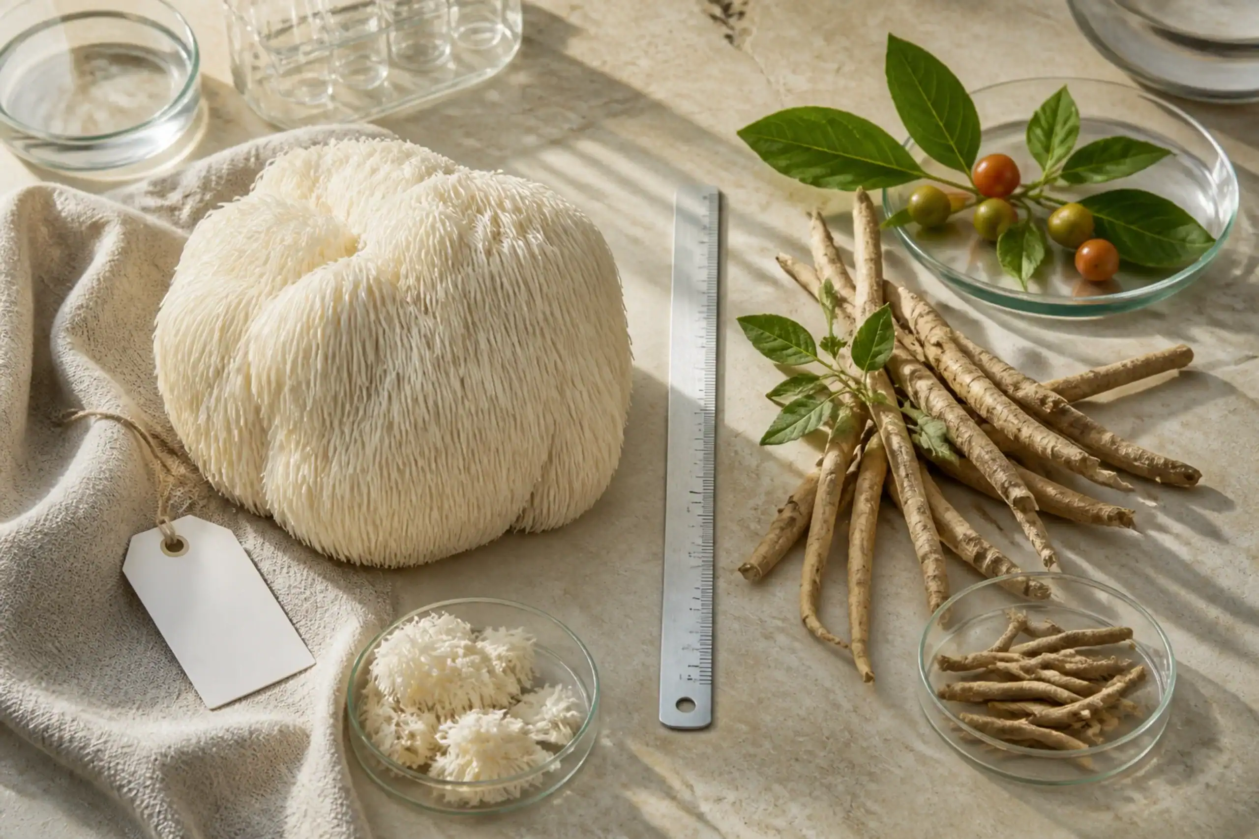 Lion’s Mane mushroom and ashwagandha root arranged side by side