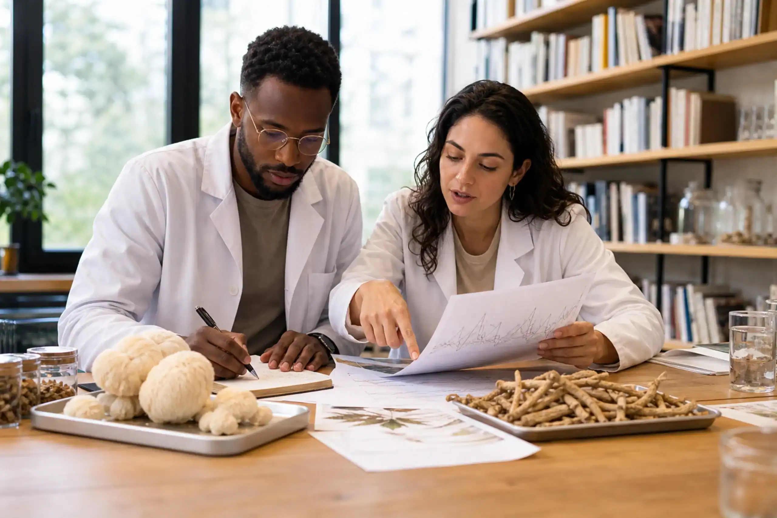 Two researchers comparing evidence for Lion’s Mane and ashwagandha