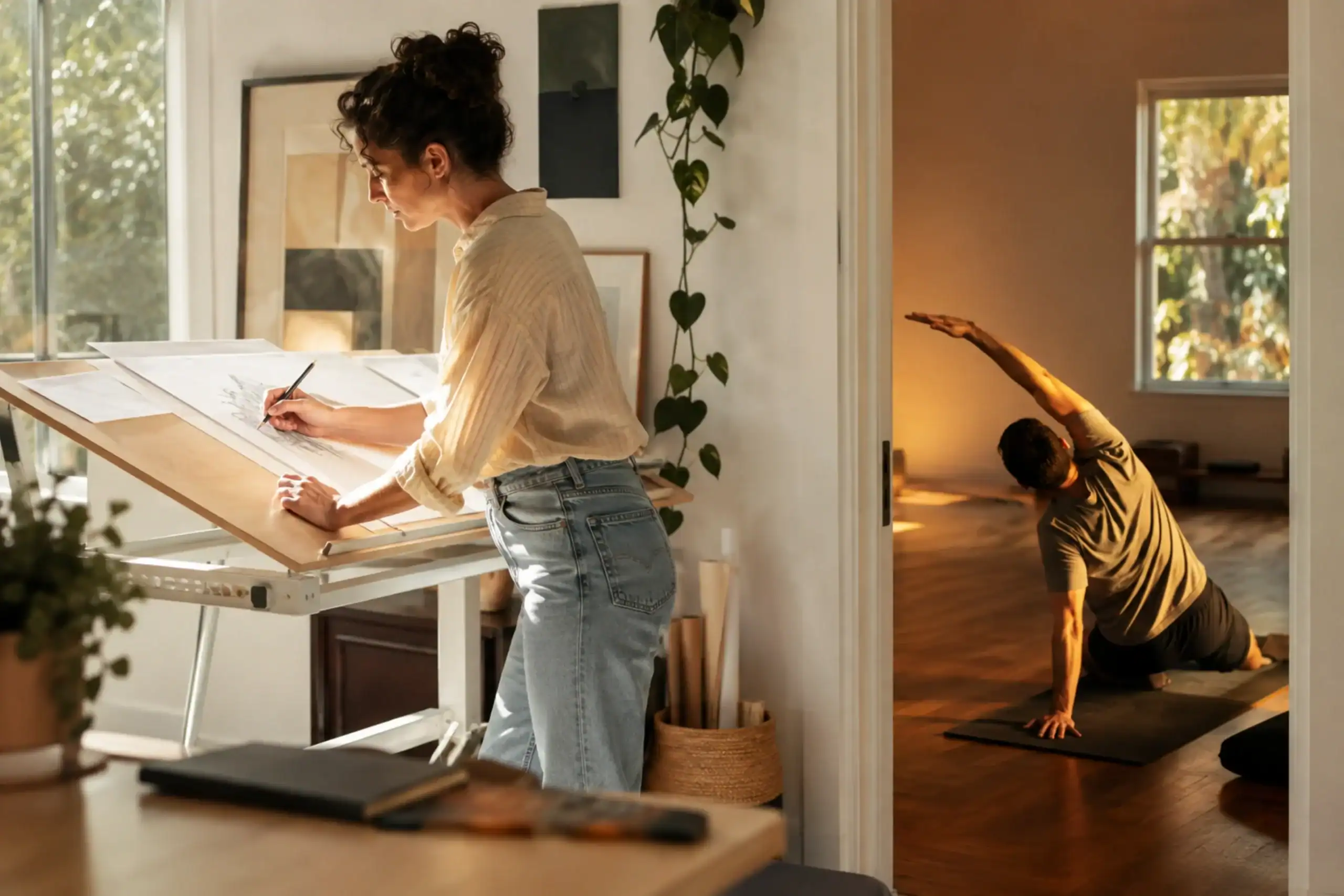 Daytime creative work and evening stretching shown as two distinct routines