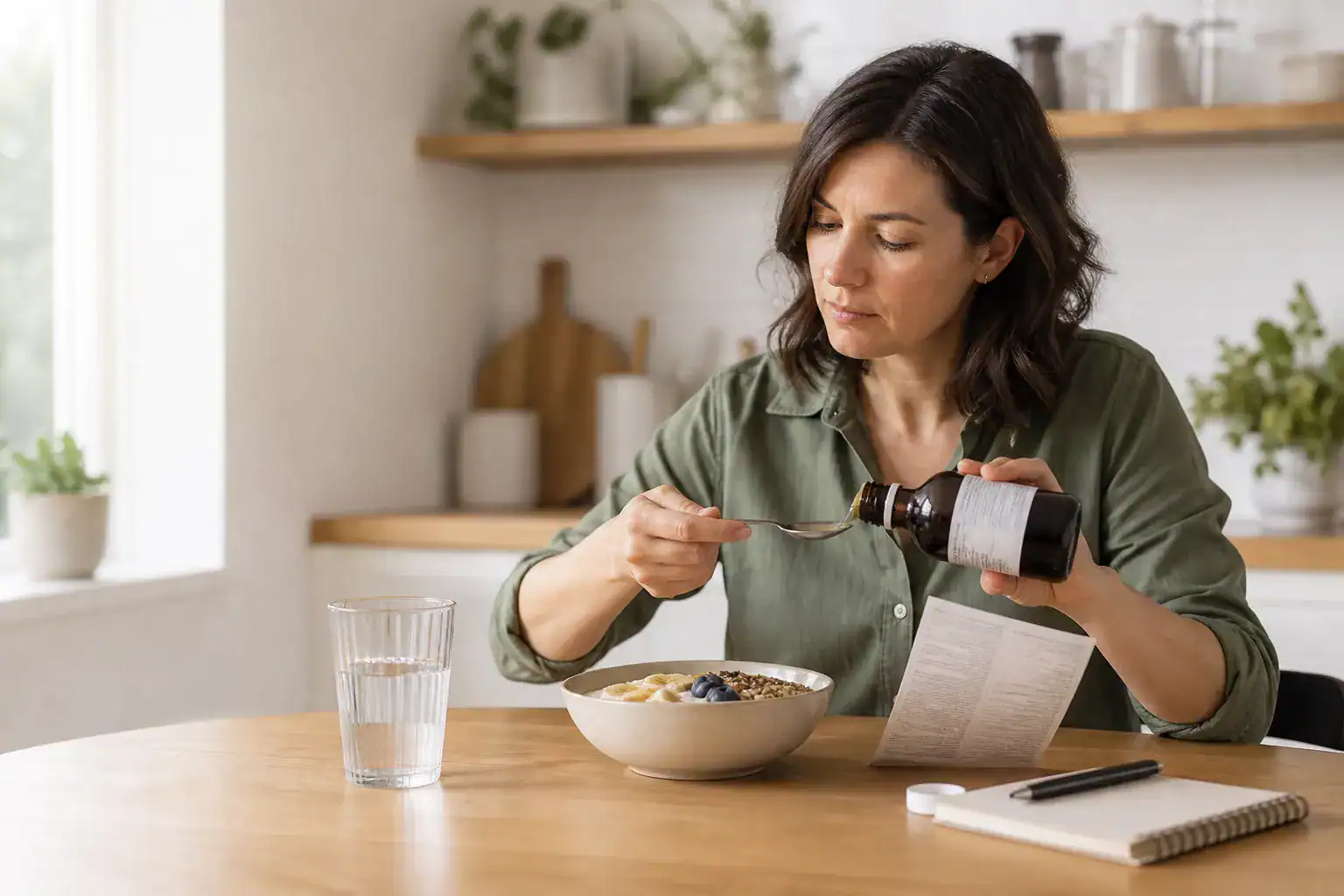 Adult measuring unbranded MCT oil while reviewing its nutrition label