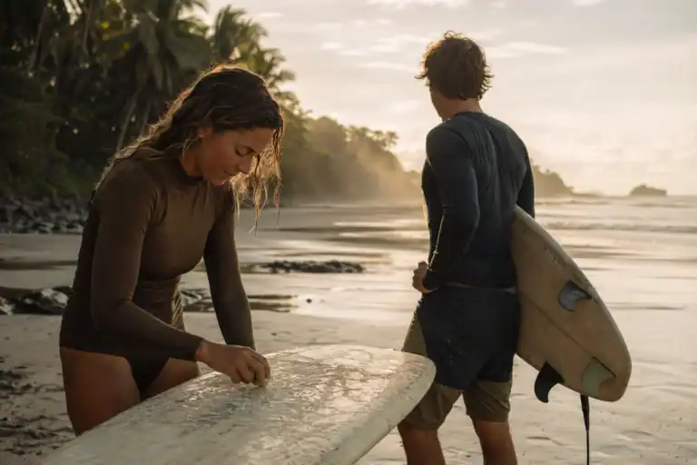 Two adult surfers preparing boards on a quiet beach at sunrise