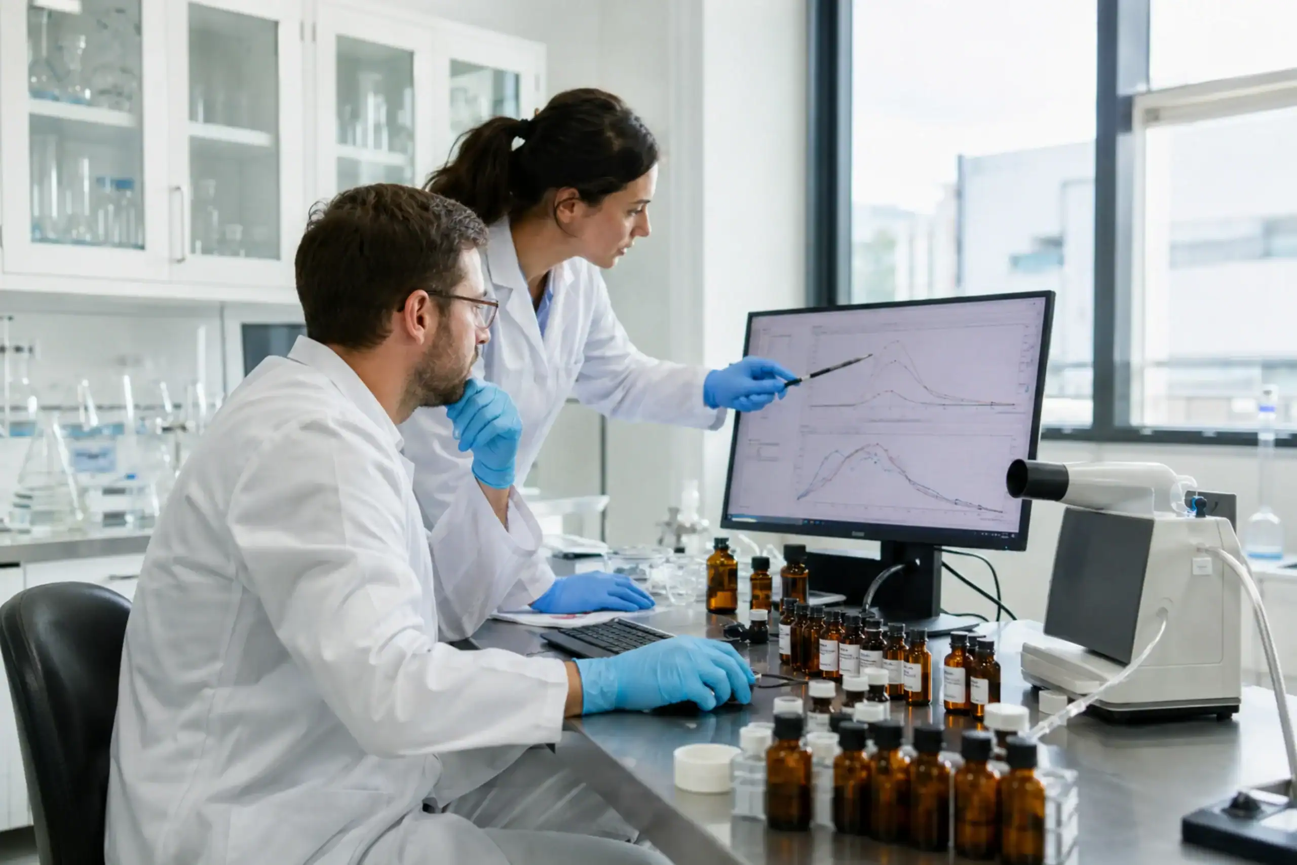 Researchers reviewing CBD and alcohol interaction data in a laboratory