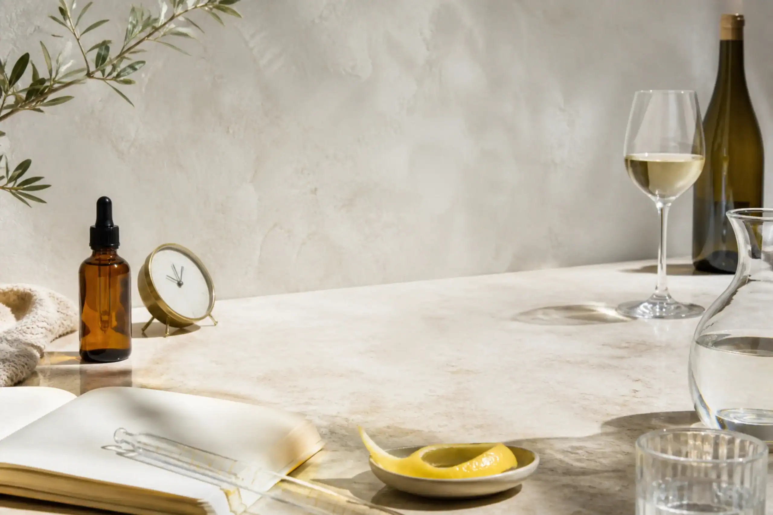 Unbranded CBD dropper and wine placed far apart on a bright counter