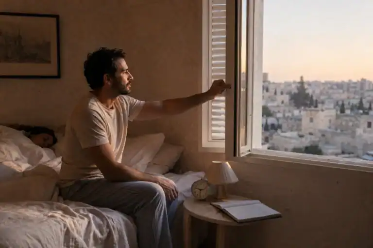 גבר ישראלי פותח את התריסים עם אור ראשון בחדר שינה ירושלמי