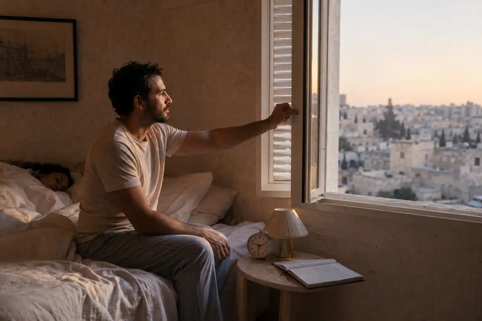 גבר ישראלי פותח את התריסים עם אור ראשון בחדר שינה ירושלמי