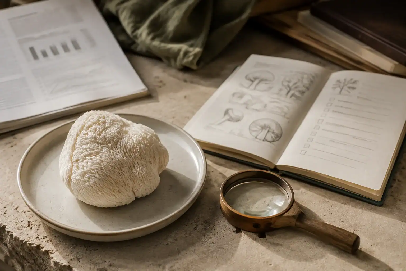 Fresh Lion’s Mane mushroom beside a botanical evidence checklist