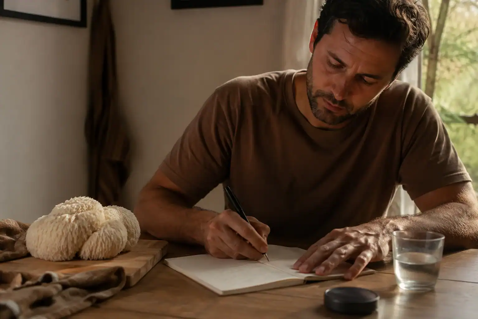 Man journaling after a mindfulness session beside fresh Lion’s Mane