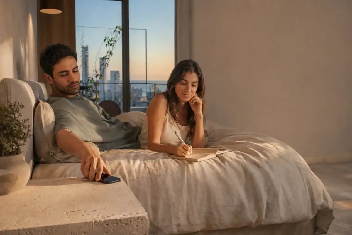 זוג ישראלי נרגע בחדר שינה תל אביבי לפני השינה