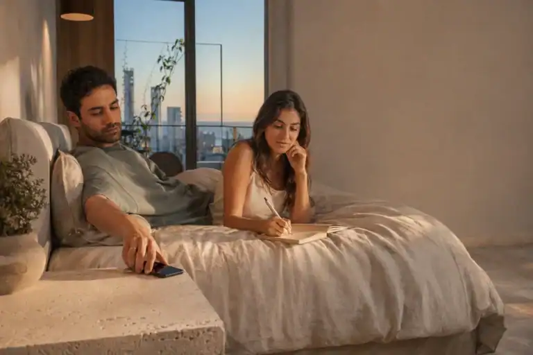 זוג ישראלי נרגע בחדר שינה תל אביבי לפני השינה