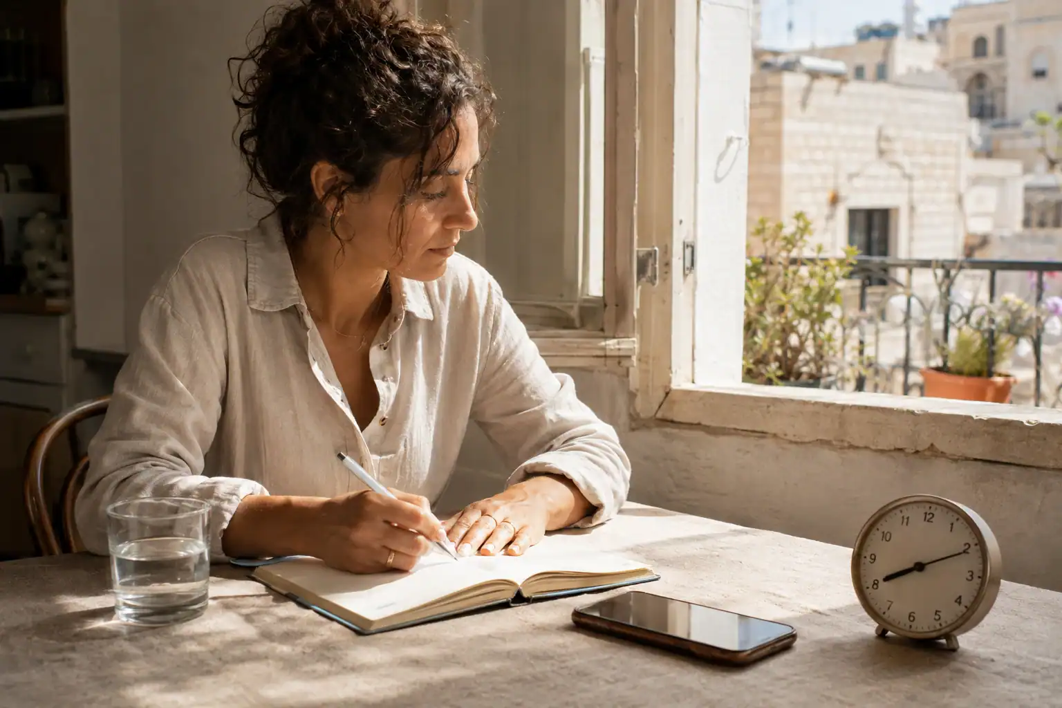 אישה ישראלית כותבת ביומן שינה בחדר שינה בחיפה
