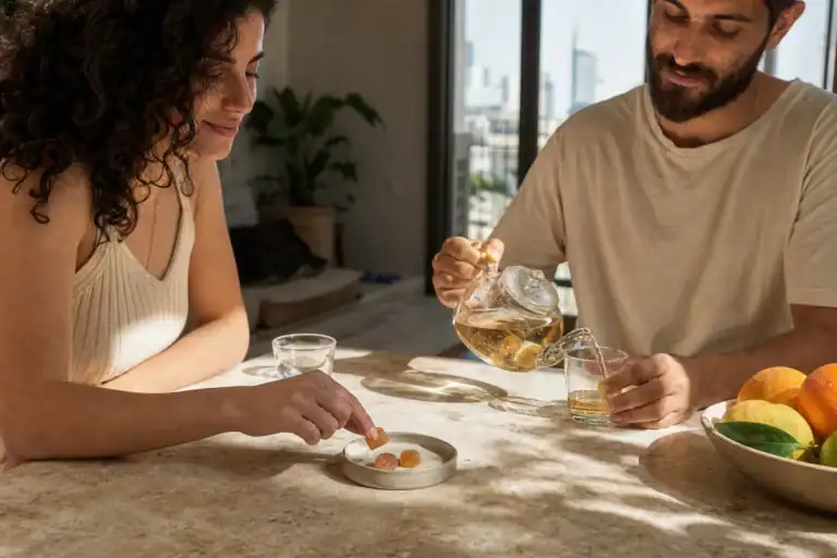 שני ישראלים משלבים סוכריות CBD בשגרת בוקר רגועה בתל אביב