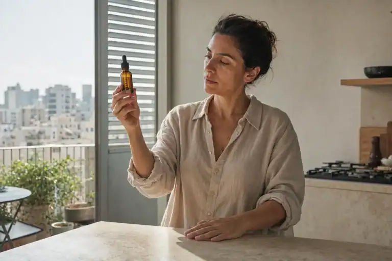 אישה מודדת שמן CBD בטפטפת במטבח מואר בתל אביב