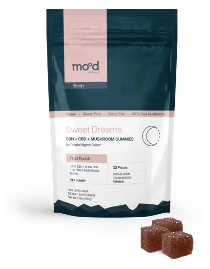 Sweet Dreams CBD CBN mushroom gummies front pouch with gummies