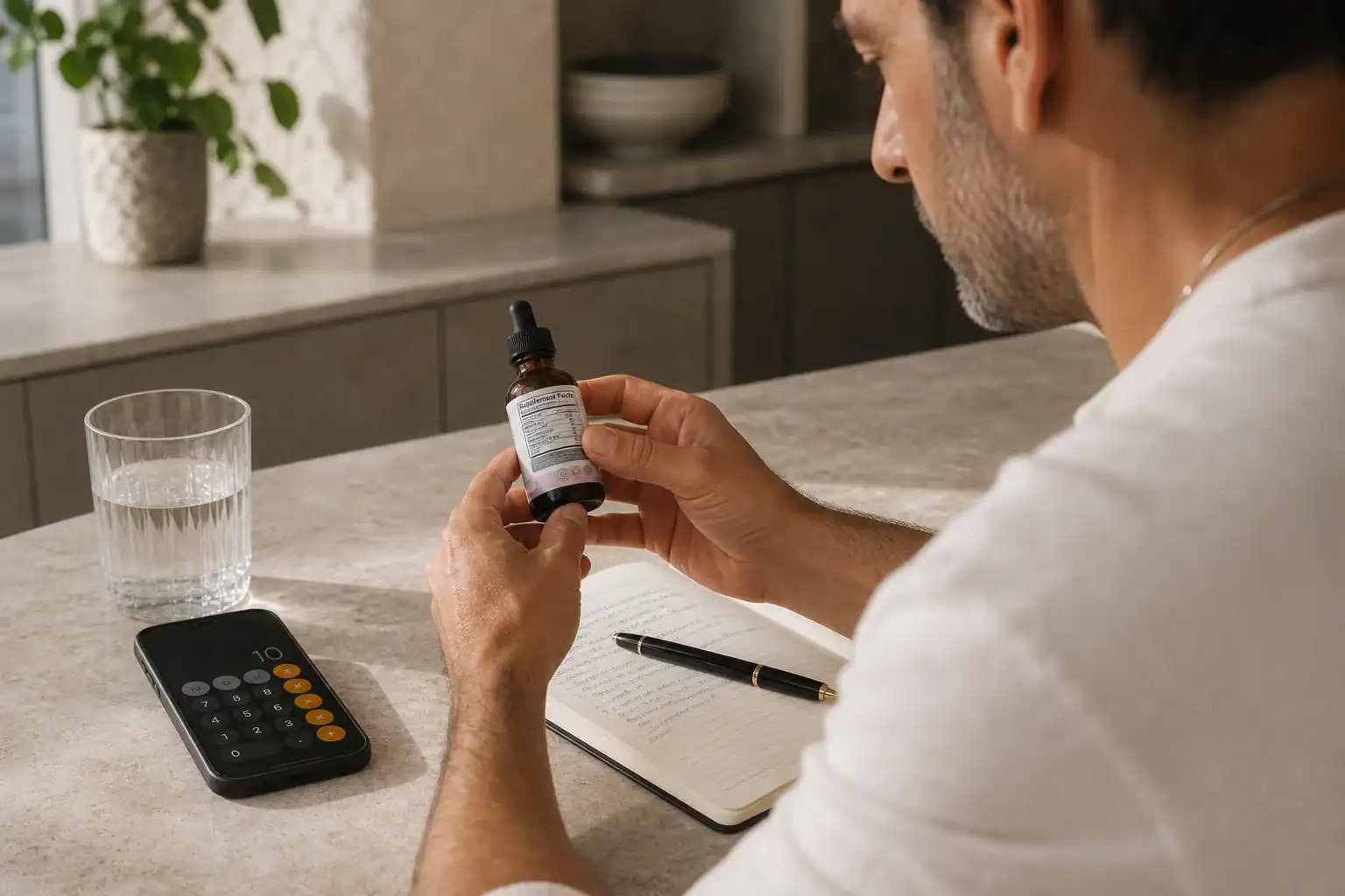 A man checks CBD milligrams per serving on a Mood Wellness bottle