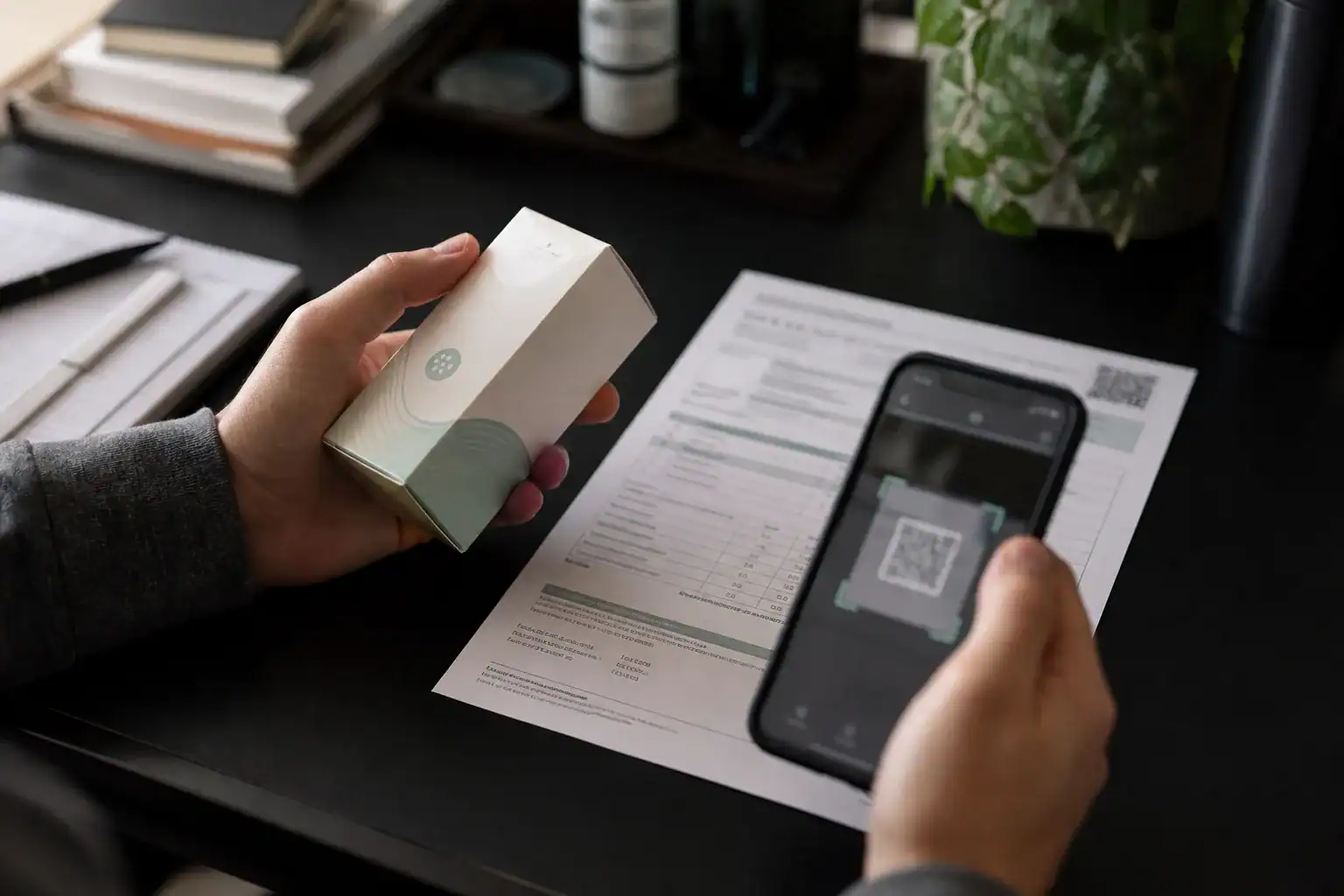 Person checking a supplement package QR code beside a laboratory certificate