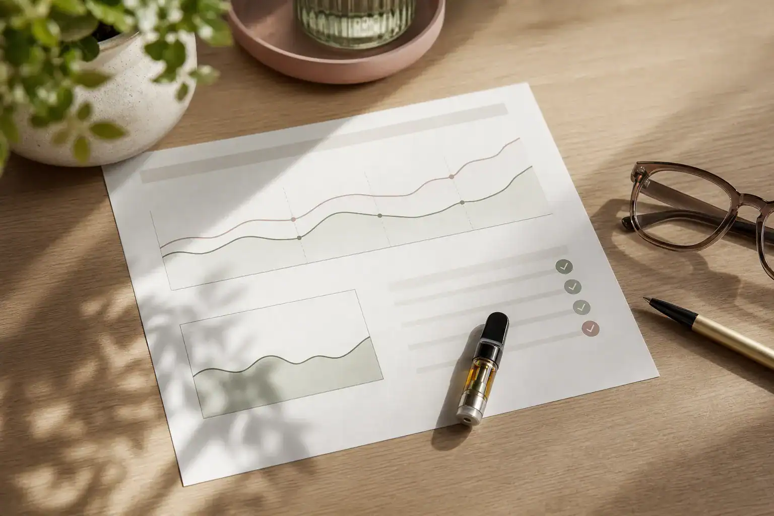 Neutral laboratory report and CBD cartridge arranged for evidence review