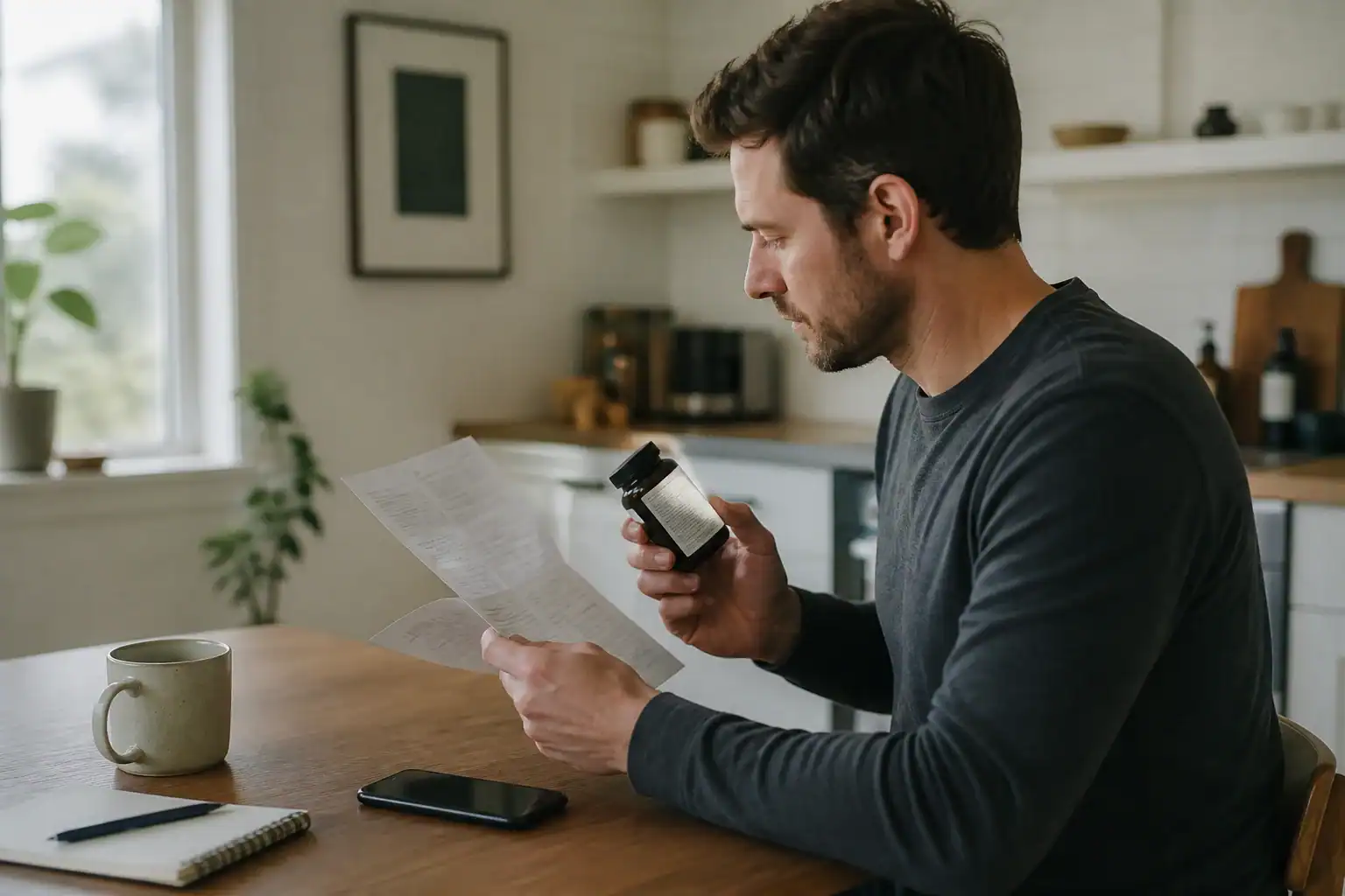 Adult reviewing a supplement label and medication information at a kitchen table