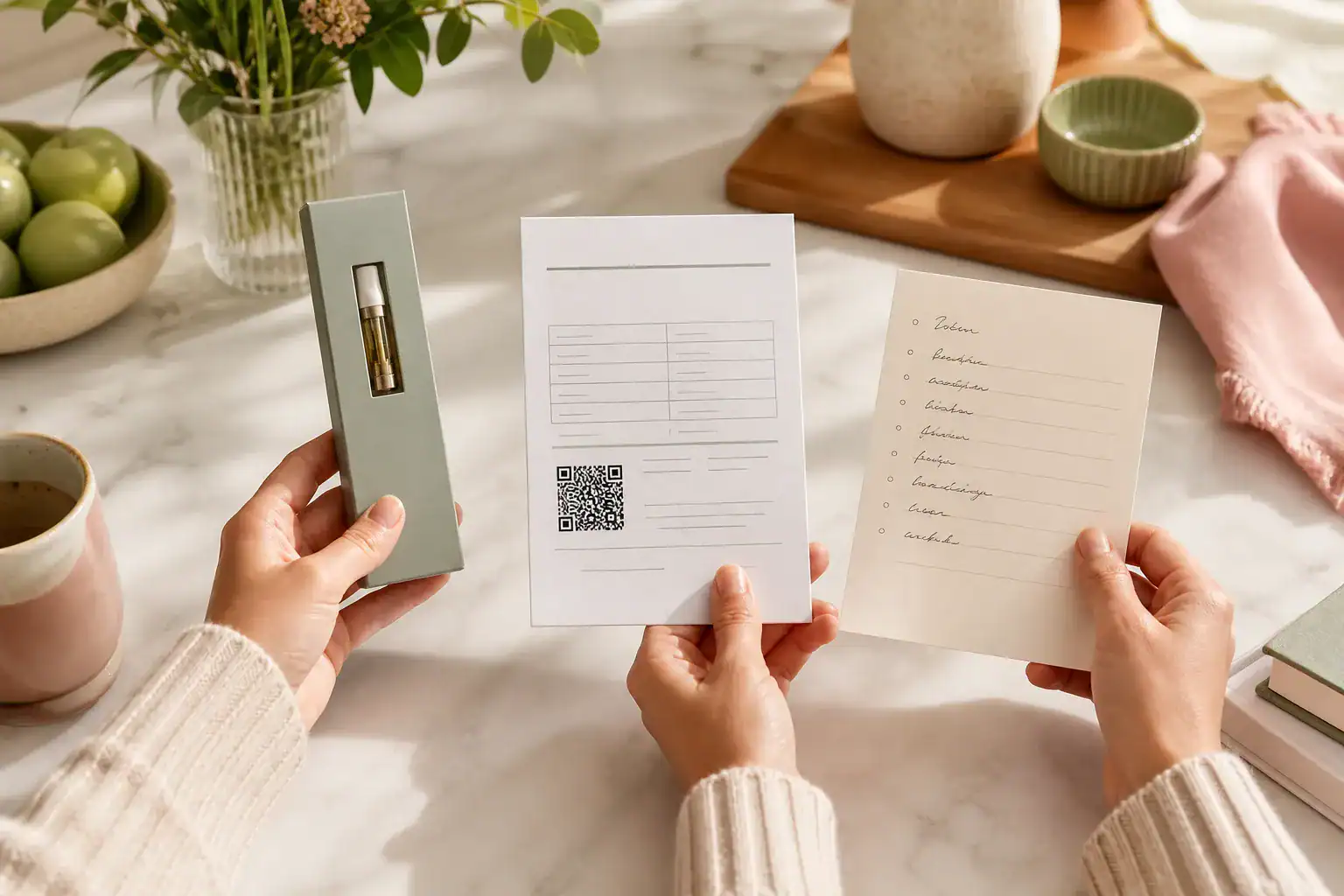 Person comparing a CBD vape package, batch certificate and medication list