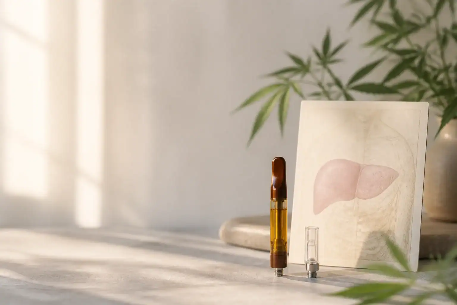CBD vape cartridge beside a subtle anatomical liver reference in a calm editorial setting