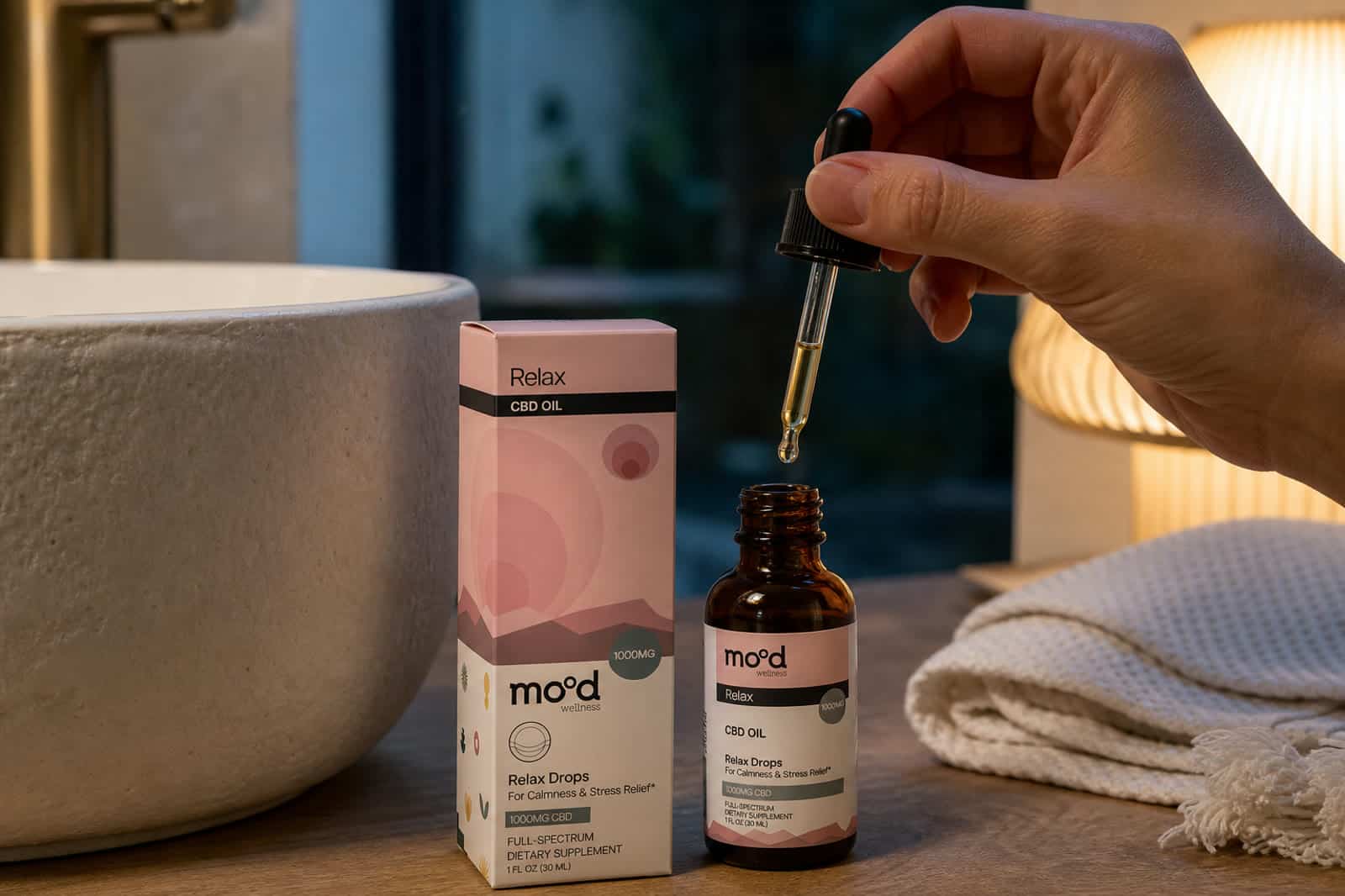 Relax Drops kosher CBD oil used with a glass dropper during an evening routine