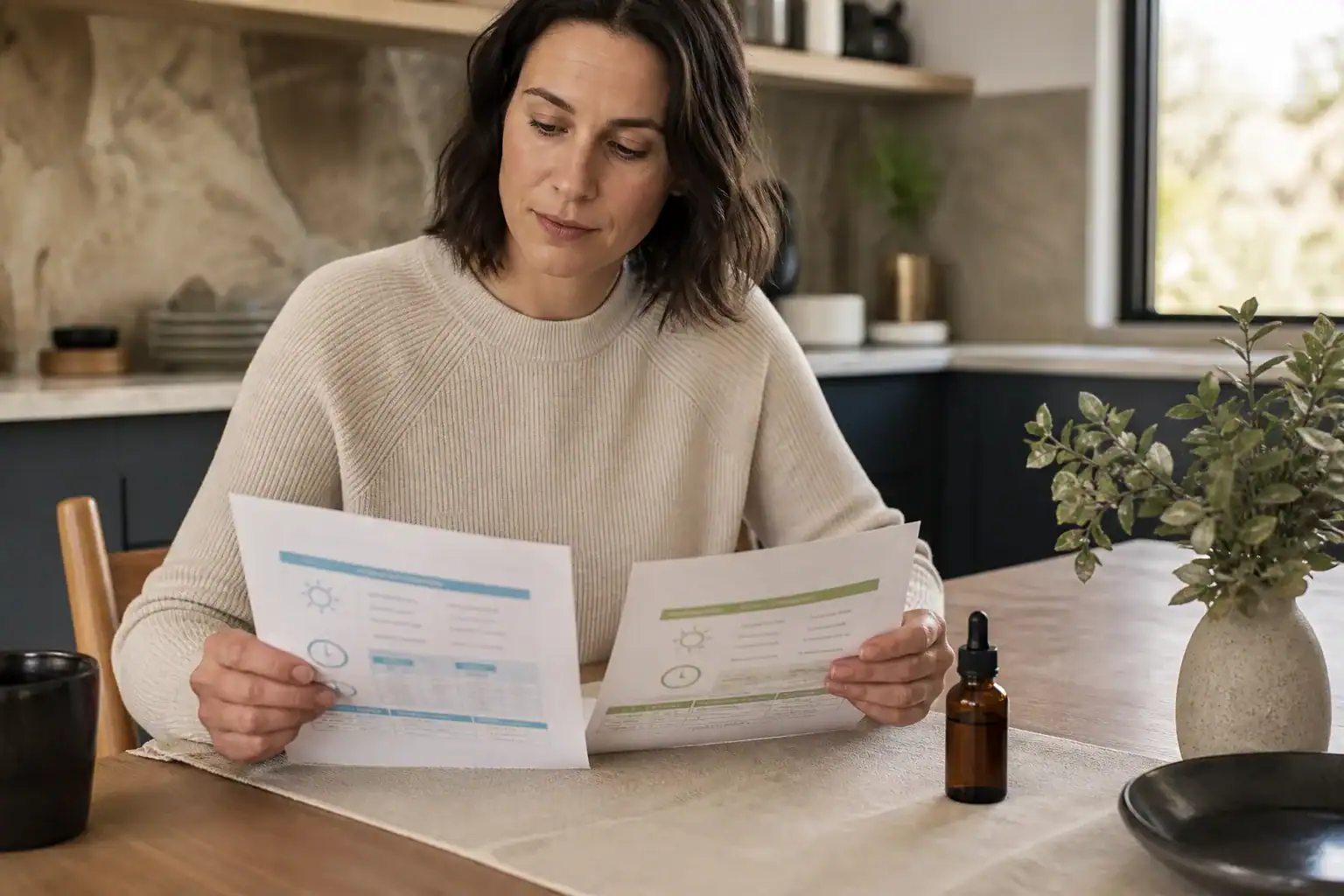 Adult comparing two medication information sheets for different release formulations beside a neutral amber dropper bottle