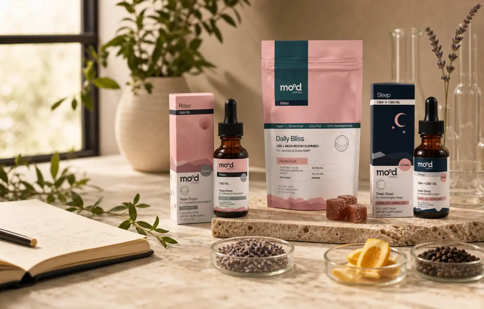 Mood Wellness full-spectrum oils and gummies with lavender, citrus and black pepper