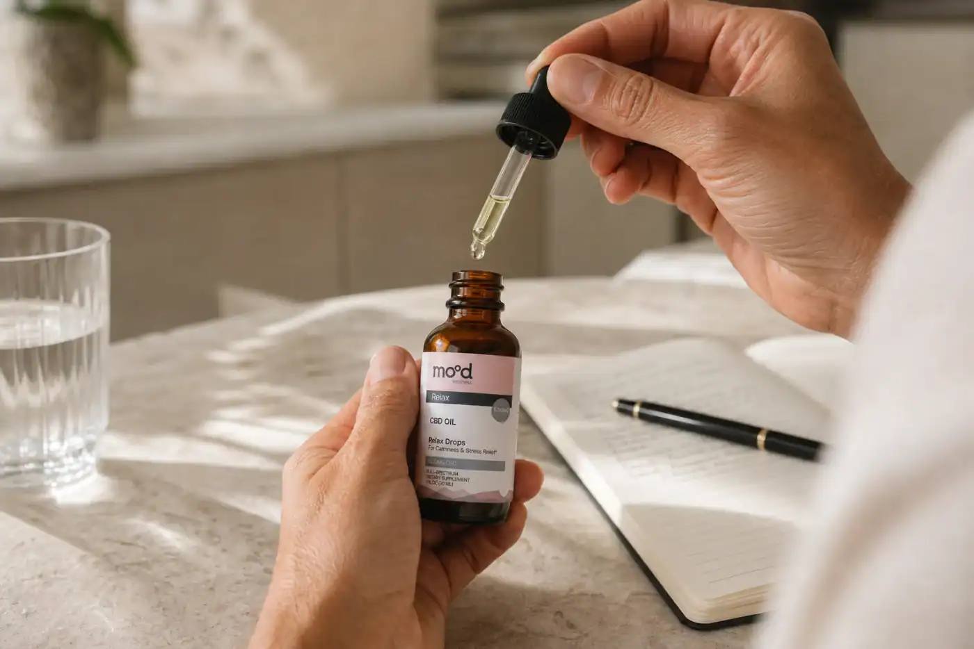 A measured dropper serving from a Mood Wellness Relax CBD oil bottle