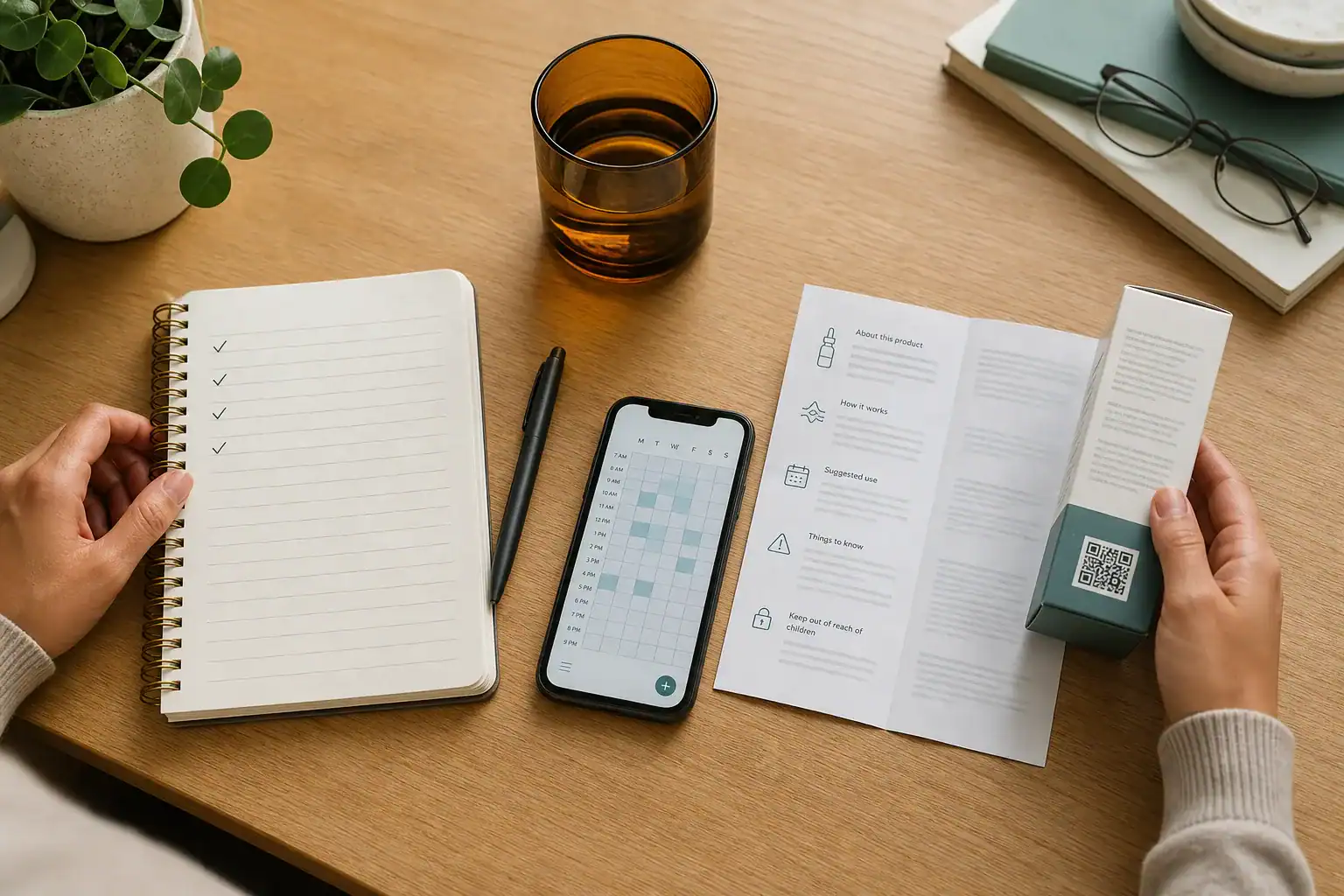 Notebook, schedule, supplement information and QR-coded package prepared for a pharmacist conversation