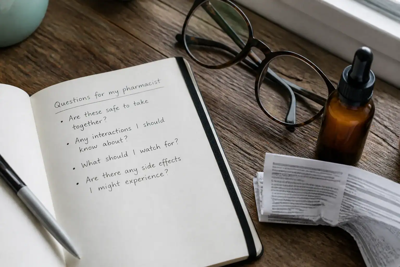Notebook with questions for a pharmacist beside an amber dropper bottle and medication leaflet
