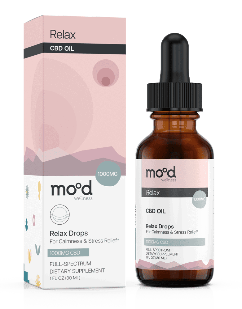 Relax Drops 1000mg full-spectrum CBD oil bottle and box